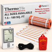 ThermoTile electric floor heating mat kit by ThermoSoft, including a rolled heating mat, a white control panel, a black cable, and a red Instalarmon alarm, displayed with the product box on a light beige background.