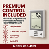A white OJ programmable floor thermostat with a large display screen showing room temperature and time, presented on a beige background with promotional text reading 'PREMIUM CONTROL INCLUDED' and feature icons. The model name 'MODEL UDG-4999' appears at the bottom.