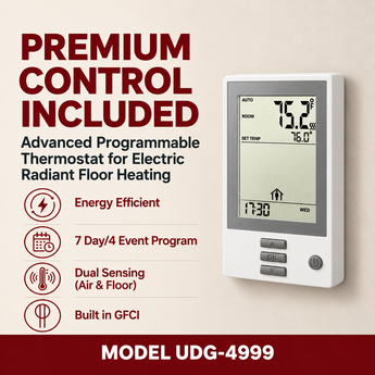 A white OJ programmable floor thermostat with a large display screen showing room temperature and time, presented on a beige background with promotional text reading 'PREMIUM CONTROL INCLUDED' and feature icons. The model name 'MODEL UDG-4999' appears at the bottom.