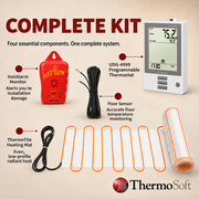 ThermoSoft complete radiant heating kit on a beige background, showing the InstAlarm red alarm device, white programmable thermostat, black cable, rolled floor sensor, and unrolled orange-and-white heating mat with text callouts and the ThermoSoft logo.