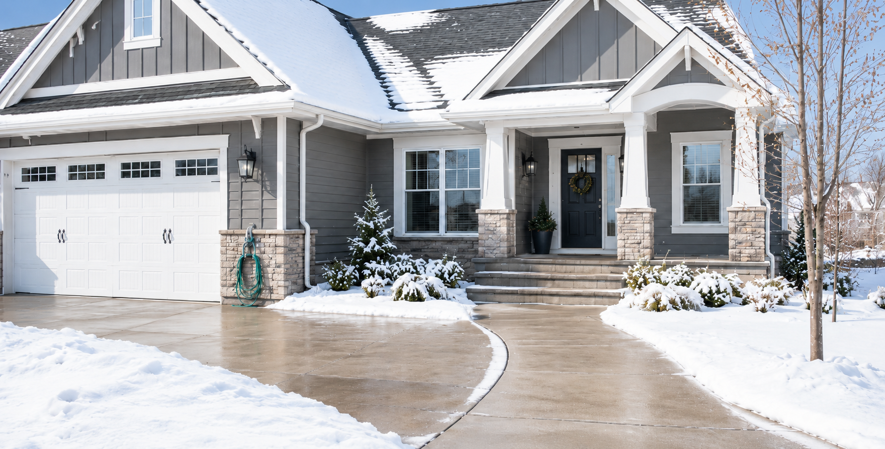 Home with snow and ice melt systems installed providing electric radiant heat to keep spaces clear without salting or shoveling