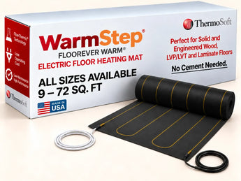 WarmStep Electric Floor heating mat used for under solid and engineered wood, lvp/lvt and laminate floors. Box shown in the image.