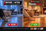 Side-by-side comparison showing bare feet with socks feeling cold on an unheated floor versus warm, comfortable feet on wood or LVP/LVT vinyl flooring heated by an installed WarmStep Floor Heat Mat.